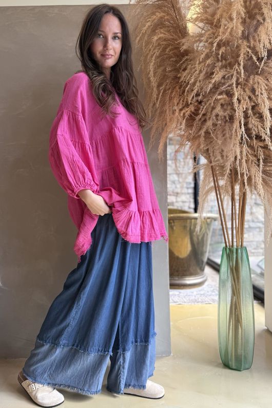Driftwood Bell Sleeve Smock Top Hot Pink